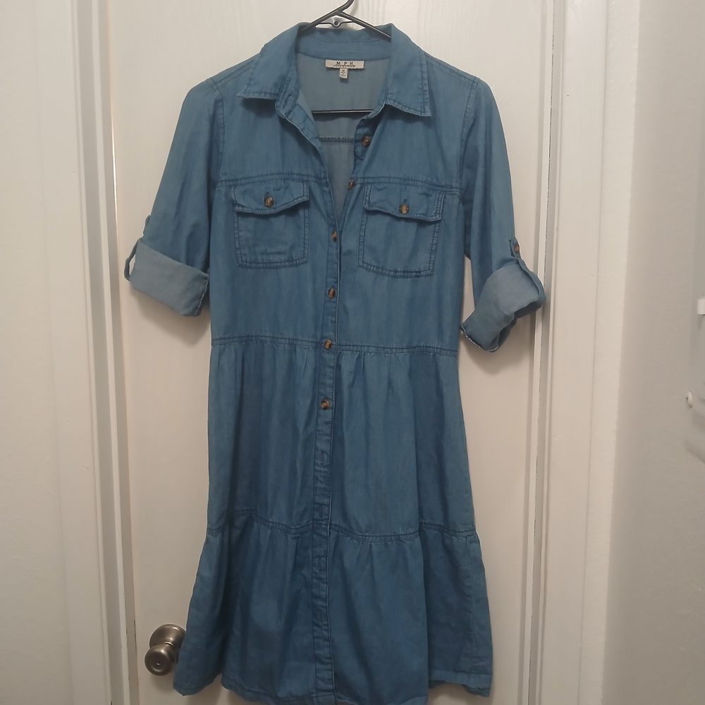 Casual Blue Button-Up Midi Dress